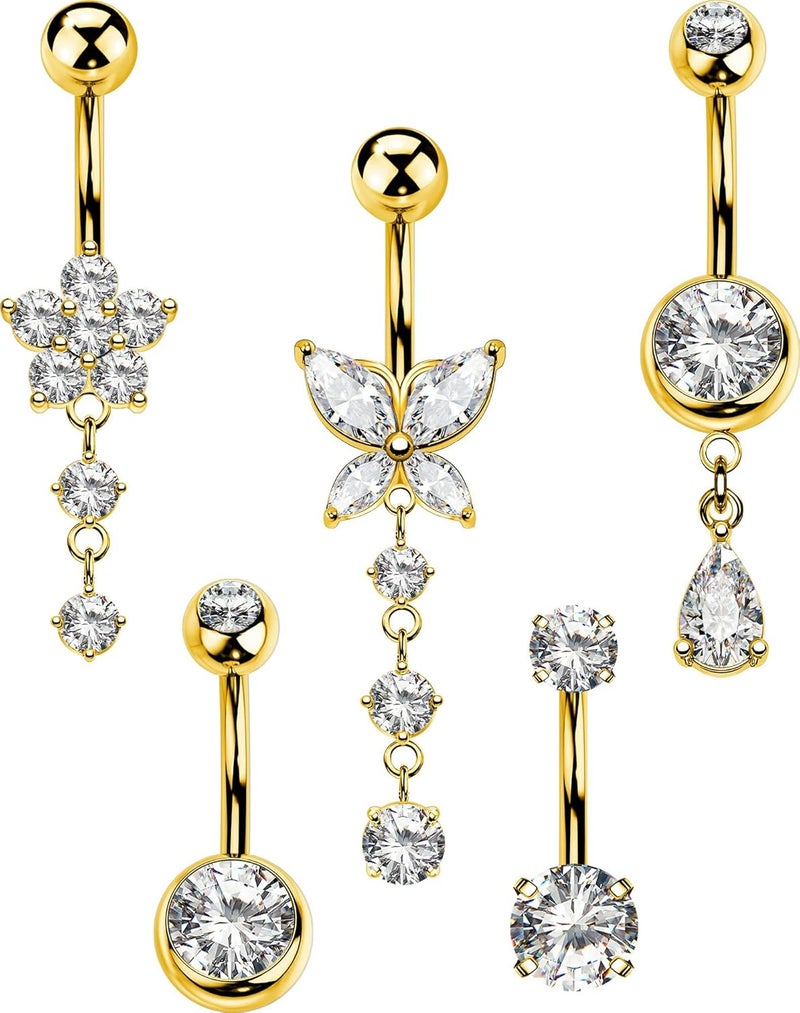 MS CUTE 5PCS Belly Button Rings for Women 14G Dangle Navel Piercing Jewelry Set Surgical Stainless Steel Body Jewelry with CZ Butterfly Flower Teardrop Barbell for Beach Festival Daily - Image 1